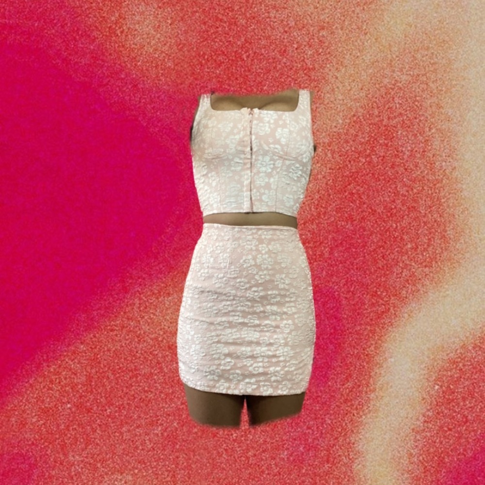 Baby pink flower embroidered corset top skirt set